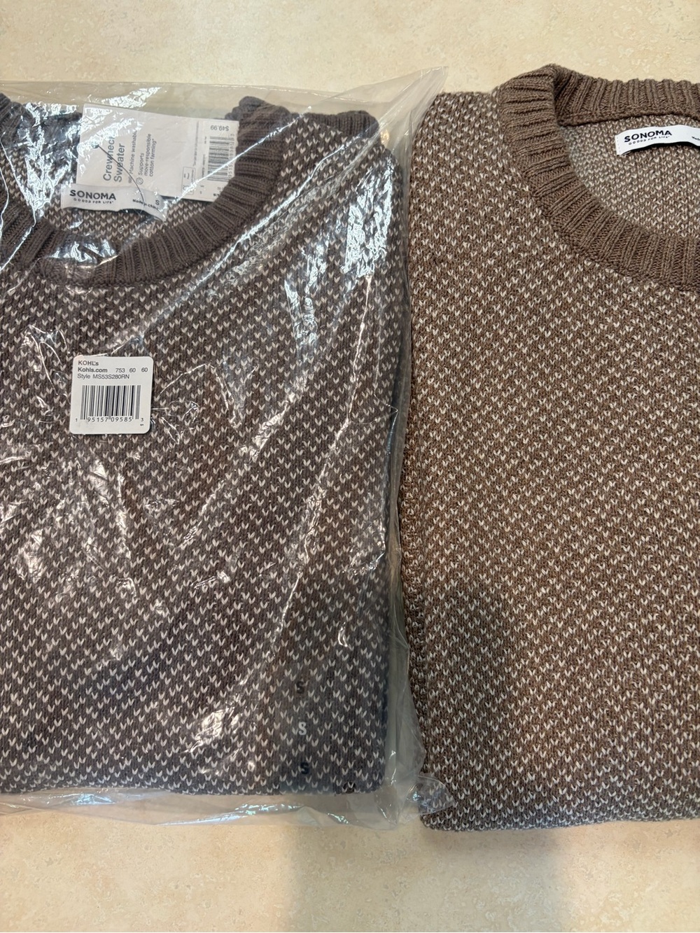 NWT- Men’s Sonoma Crewneck Sweaters - Brown/Light Brown White Knit Bundle